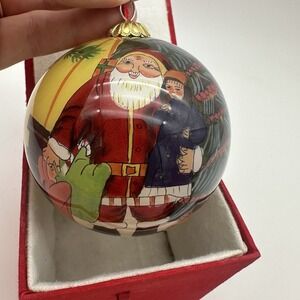 Vintage Reverse Painted Glass Santa & Kids Art Christmas Ornament 3" Ball w/ Box